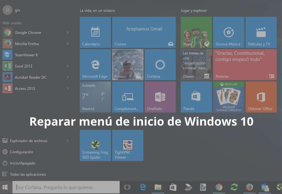 Reparar menú de inicio de Windows 10