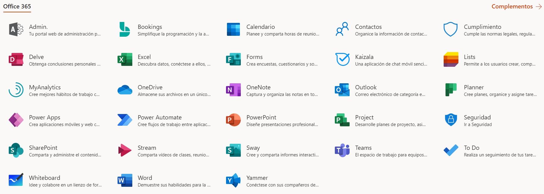 Listado de aplicaciones office 365