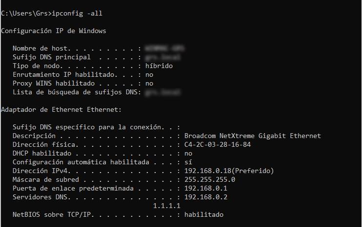 Salida del comando ipconfig