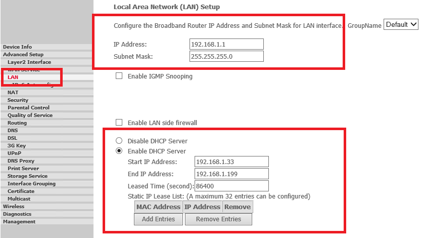 Configuración del pool IP de un router.