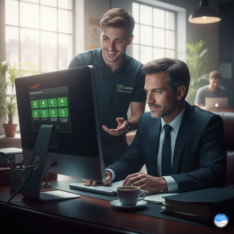 Técnico informático con expresión amable dando soporte a un usuario de lexnet donde el usuario se muestra aliviado