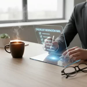 Un primer plano de manos sobre un escritorio con una lista de verificación (checklist) y una taza de café verificando los puntos completados en la migración del servidor de correo.