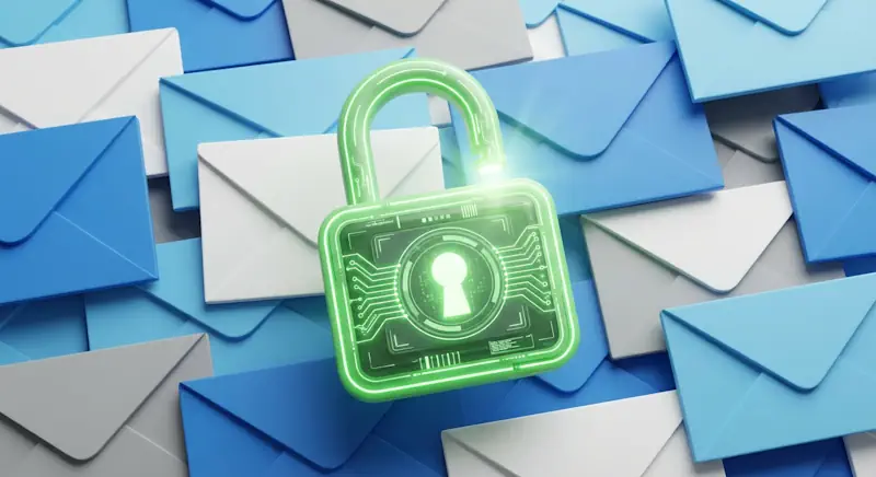 Un candado digital verde abierto sobre un fondo de sobres de correo electrónico, simbolizando seguridad y acceso.