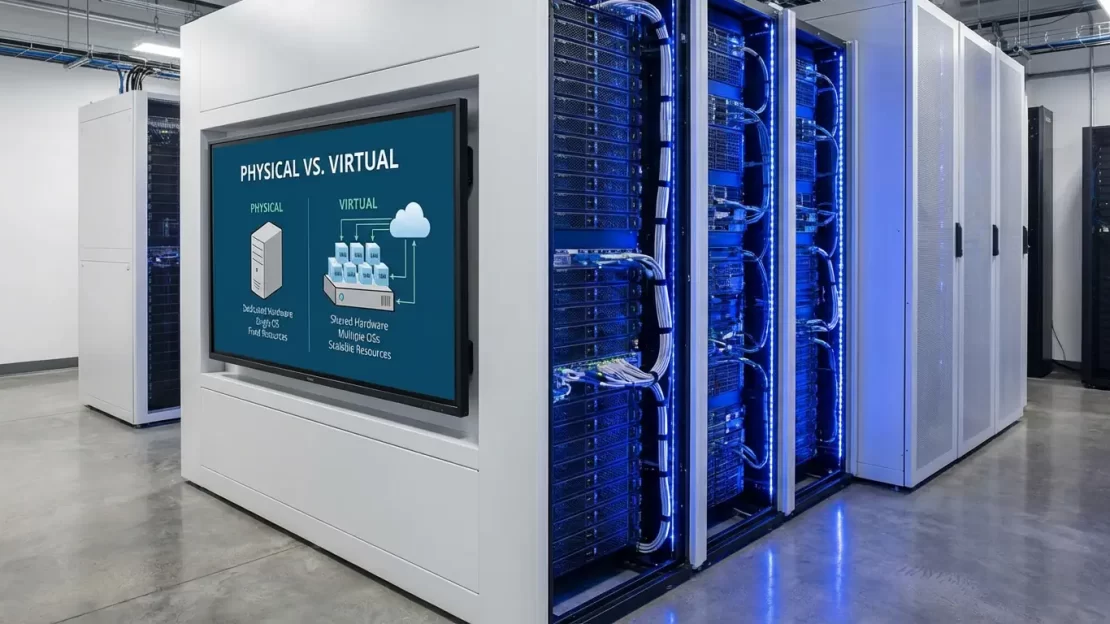 Un servidor moderno y limpio o un gráfico que compara Físico vs Virtual