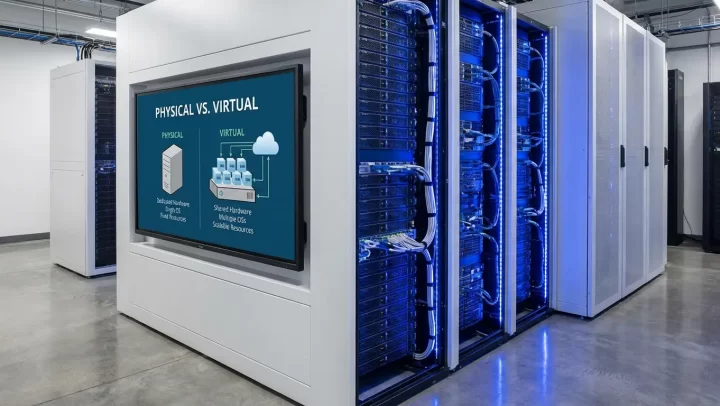 Un servidor moderno y limpio o un gráfico que compara Físico vs Virtual